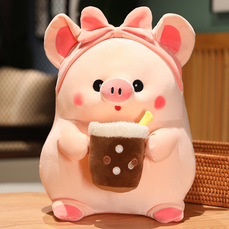 Pink Pig Drinking Boba Stuffed Animal Kawaii Plush Toy